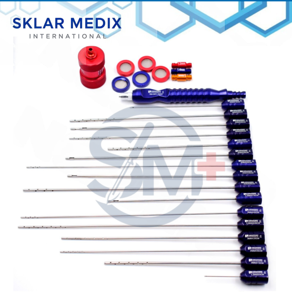 Breast Liposuction Cannula Set featuring infiltration cannulas, harvesting cannulas, breast injection cannulas, nano fat transfer system, aspiration handle, and transfer hubs made from premium German stainless steel for fat grafting and liposuction procedures.