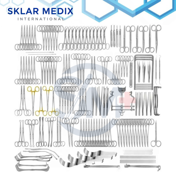 161-piece major basic surgery instruments set including forceps, scissors, retractors, clamps, needle holders, suction tubes, scalpels, probes, and sterilizing racks made from stainless steel for general surgical procedures.