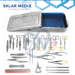 Blepharoplasty Instruments Set of 30 Pieces including forceps, scissors, needle holders, eyelid clamps, skin hooks, caliper, ruler, and sterilization box made from premium German stainless steel for ophthalmic and eyelid surgery procedures.