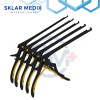 Black Kerrison Rongeurs Set of 5 pieces featuring 7-inch shafts, 90-degree upward jaws, thin footplate design, gold spring-action handles, and bite sizes from 1mm to 5mm for neurosurgical and spinal procedures.
