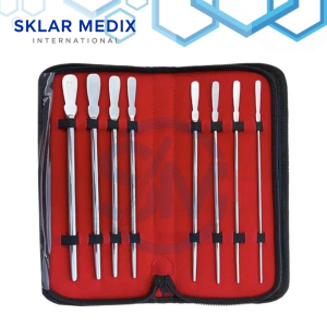 8-piece Dittel Urethral Sounds Set featuring straight single-ended urethral sounds in sizes 18FR to 32FR, made from stainless steel and supplied with a carrying case for urology procedures.
