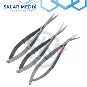 3-piece Micro Iris Scissors Set featuring straight, curved, and angled 4.5-inch micro scissors with flat spring-action handles, crafted from stainless steel for ophthalmic and microsurgical procedures.