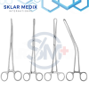 4-piece gynecology forceps set including Schroeder Tenaculum Forceps, Froster Sponge Forceps, Bozeman Uterine Forceps, and Teale Vulsellum Forceps made from stainless steel for gynecological and obstetric procedures.