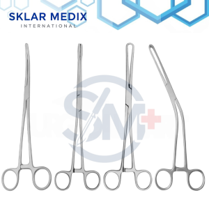 4-piece gynecology forceps set including Schroeder Tenaculum Forceps, Froster Sponge Forceps, Bozeman Uterine Forceps, and Teale Vulsellum Forceps made from stainless steel for gynecological and obstetric procedures.