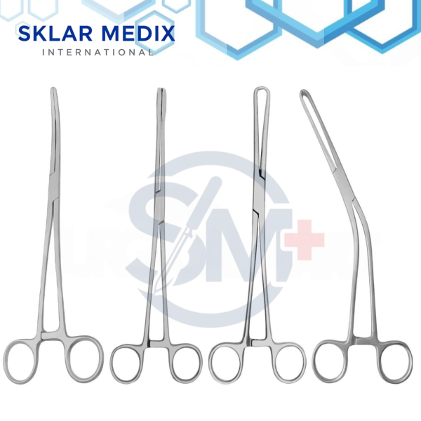 4-piece gynecology forceps set including Schroeder Tenaculum Forceps, Froster Sponge Forceps, Bozeman Uterine Forceps, and Teale Vulsellum Forceps made from stainless steel for gynecological and obstetric procedures.