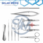 11-piece Chalazion Surgery Set with ophthalmic forceps, curettes, eye scissors, needle holder, lid plate, and chuck handle made from German-grade stainless steel.