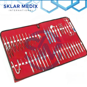 46-piece ophthalmic eye micro surgery instrument set including microsurgical forceps, scissors, needle holders, retractors, speculums, and precision eye instruments made from German-grade stainless steel.