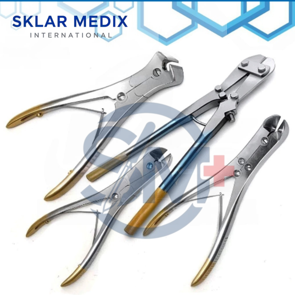 4-piece tungsten carbide pin and wire cutter orthopedic surgical instrument set made from German-grade stainless steel for cutting orthopedic pins, K-wires, and surgical wires.