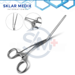 DeBakey ring handled Bulldog Clamp measuring 12.4 cm with 45-degree angled atraumatic 4 cm jaws, curved shanks, and stainless steel construction for vascular surgical procedures.