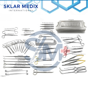 Cardiac surgery instrument set including vascular forceps, needle holders, scissors, retractors, microsurgical tweezers, and instrument box made from German-grade stainless steel.