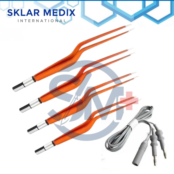 4-piece non-stick bayonet bipolar forceps set with 3-meter electrosurgical cord in multiple lengths for neurosurgery, ENT, microsurgery, and electrosurgical procedures.