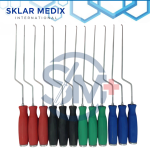 12-piece MIS lumbar spine surgery curettes set with ergonomic color-coded handles for minimally invasive spinal and orthopedic procedures.