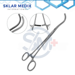 DeBakey atraumatic vascular clamp with 80 mm angled jaws, curved shanks, ratcheted finger ring handles, and premium stainless steel construction for cardiovascular and vascular surgery.