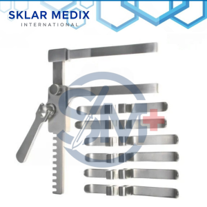 13-piece laminectomy retractor set with Buxton retractor frame and interchangeable blades made from German grade stainless steel for spine and neurosurgical procedures.