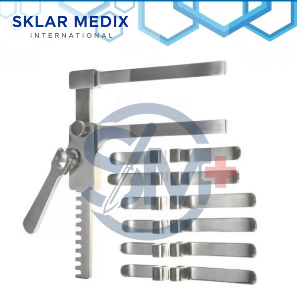 13-piece laminectomy retractor set with Buxton retractor frame and interchangeable blades made from German grade stainless steel for spine and neurosurgical procedures.