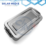 Rectangular stainless steel instrument box measuring 6 × 12 × 2 inches with secure lid, lock handle, and deep tray design for surgical instrument storage and sterilization.