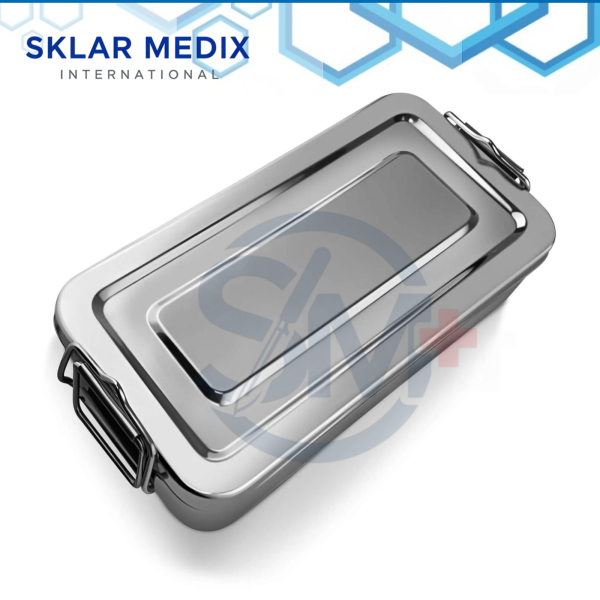 Rectangular stainless steel instrument box measuring 6 × 12 × 2 inches with secure lid, lock handle, and deep tray design for surgical instrument storage and sterilization.