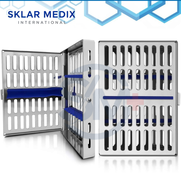 Stainless steel sterilization cassette tray measuring 7 × 5 inches with silicone inserts, hinged locking lid, and capacity for 10 dental or surgical instruments.