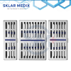 Set of three stainless steel dental sterilization cassette trays with hinged locking lids and silicone inserts, designed to hold 5, 7, and 10 dental or surgical instruments.