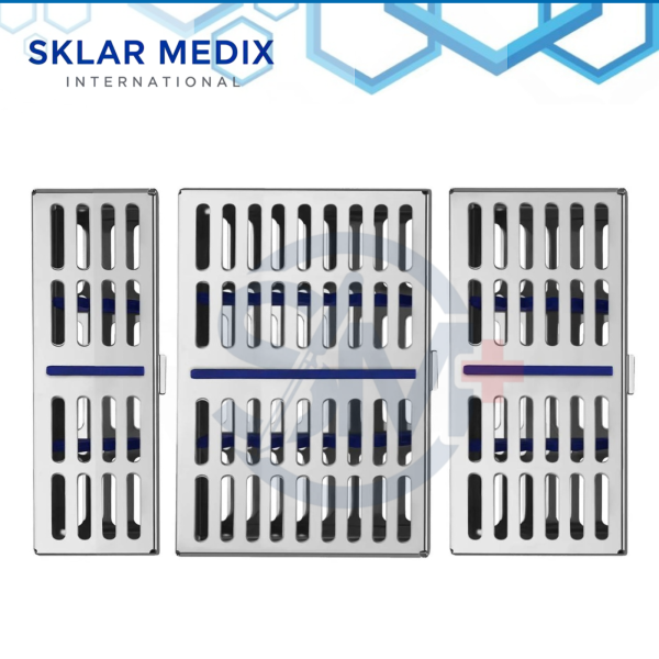 Set of three stainless steel dental sterilization cassette trays with hinged locking lids and silicone inserts, designed to hold 5, 7, and 10 dental or surgical instruments.
