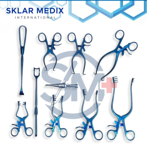 10-piece surgical veterinary retractor set featuring blue titanium-coated Weitlaner and Gelpi retractors in assorted sizes for veterinary, orthopedic, general, and soft tissue surgical procedures.