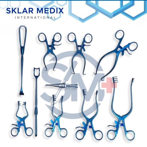 10-piece surgical veterinary retractor set featuring blue titanium-coated Weitlaner and Gelpi retractors in assorted sizes for veterinary, orthopedic, general, and soft tissue surgical procedures.