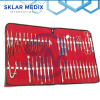 46-piece ophthalmic eye micro surgery instrument set including microsurgical forceps, scissors, needle holders, retractors, speculums, and precision eye instruments made from German-grade stainless steel.