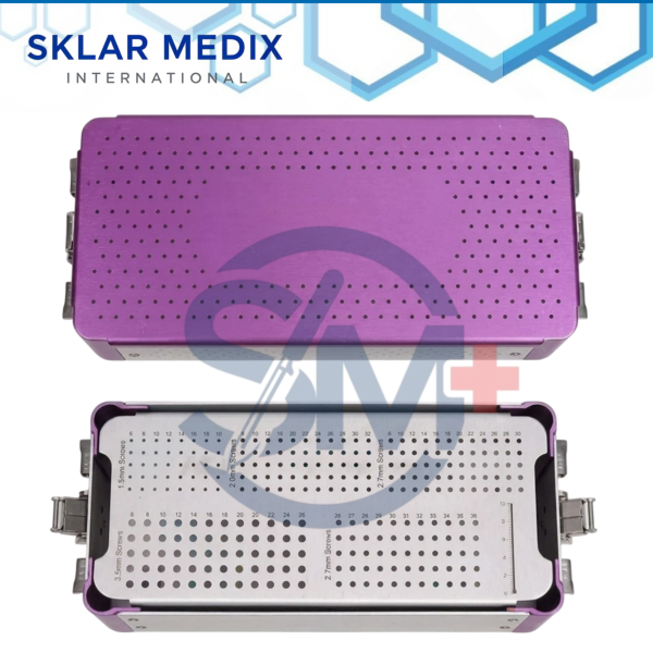 Veterinary orthopedic screw rack designed to organize and store 1.5mm, 2.0mm, 2.4mm, 2.7mm, and 3.5mm surgical screws.