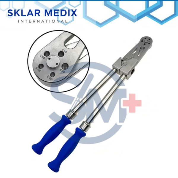 Hand-operated spine rod cutter designed for cutting 4.0, 4.5, 5.0, 5.5, and 6.0 mm spinal rods during orthopedic spinal surgery