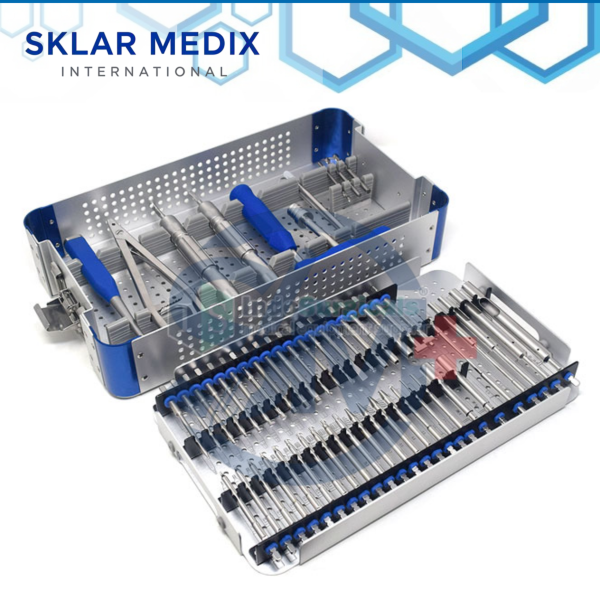 Broken screw removal and extraction surgical instrument set with screwdrivers, extraction bolts, broken screw extractors, drill bits, forceps, and instrument box.