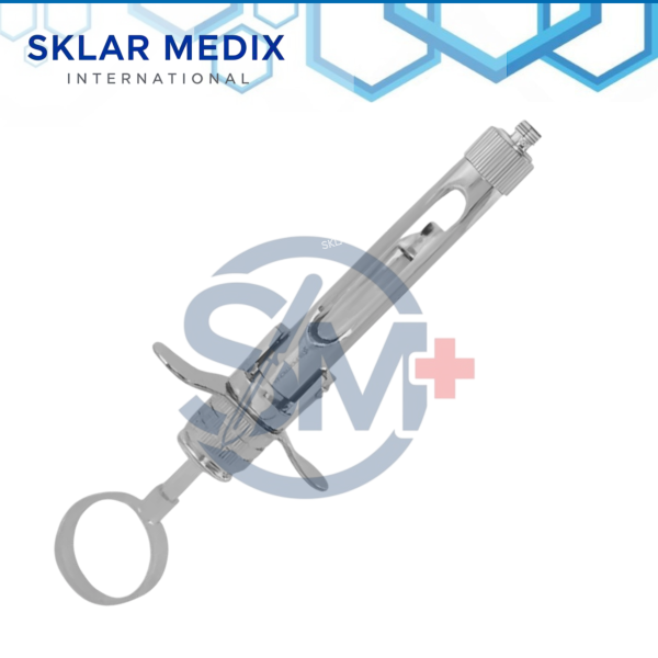 Self-aspirating dental anesthetic syringe with T-shaped and ring handles, stainless steel construction, and satin finish.