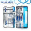ACL and PCL arthroscopy instrument set with depth gauge, femoral and tibial drill bits, ligament localizers, guides, measurer, clips, and aluminum storage box.