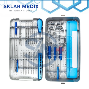 ACL and PCL arthroscopy instrument set with depth gauge, femoral and tibial drill bits, ligament localizers, guides, measurer, clips, and aluminum storage box.