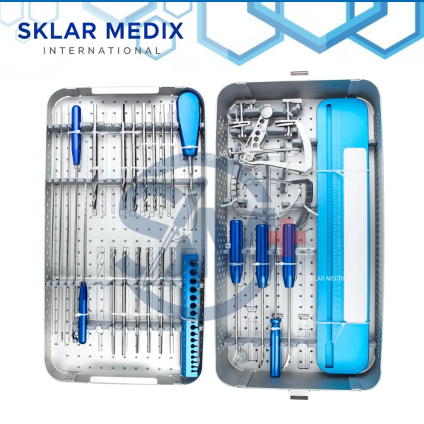 ACL and PCL arthroscopy instrument set with depth gauge, femoral and tibial drill bits, ligament localizers, guides, measurer, clips, and aluminum storage box.