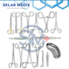 Appendectomy surgical instrument set with scissors, tissue forceps, needle holders, retractors, hemostatic forceps, towel clamps, gallipots, and kidney dishes.