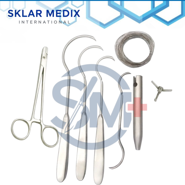7-piece Cerclage Wire Veterinary orthopedic instrument set with stainless steel wire handling and passing instruments for veterinary orthopedic procedures.