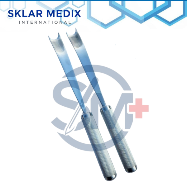 2-piece Muller femoral forked retractor set with 28mm forked tips for orthopedic hip and femoral surgical procedures.
