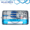 ACL and PCL arthroscopy instrument set with depth gauge, femoral and tibial drill bits, ligament localizers, guides, measurer, clips, and aluminum storage box.