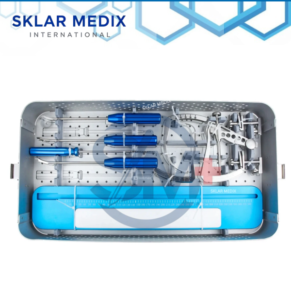 ACL and PCL arthroscopy instrument set with depth gauge, femoral and tibial drill bits, ligament localizers, guides, measurer, clips, and aluminum storage box.